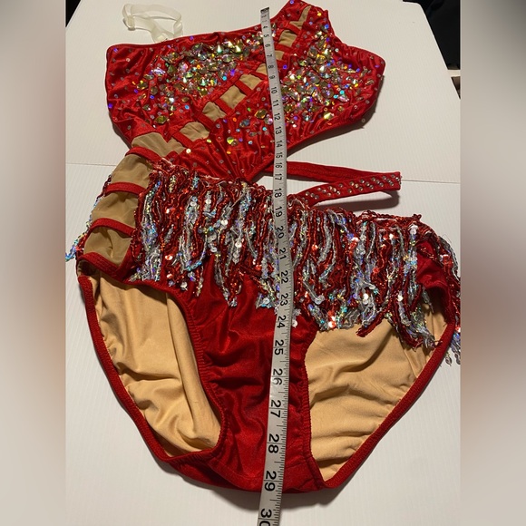 Glamour solo dance costume red sequin gems 2282 fringe stoned embellished XLA - Picture 5 of 9